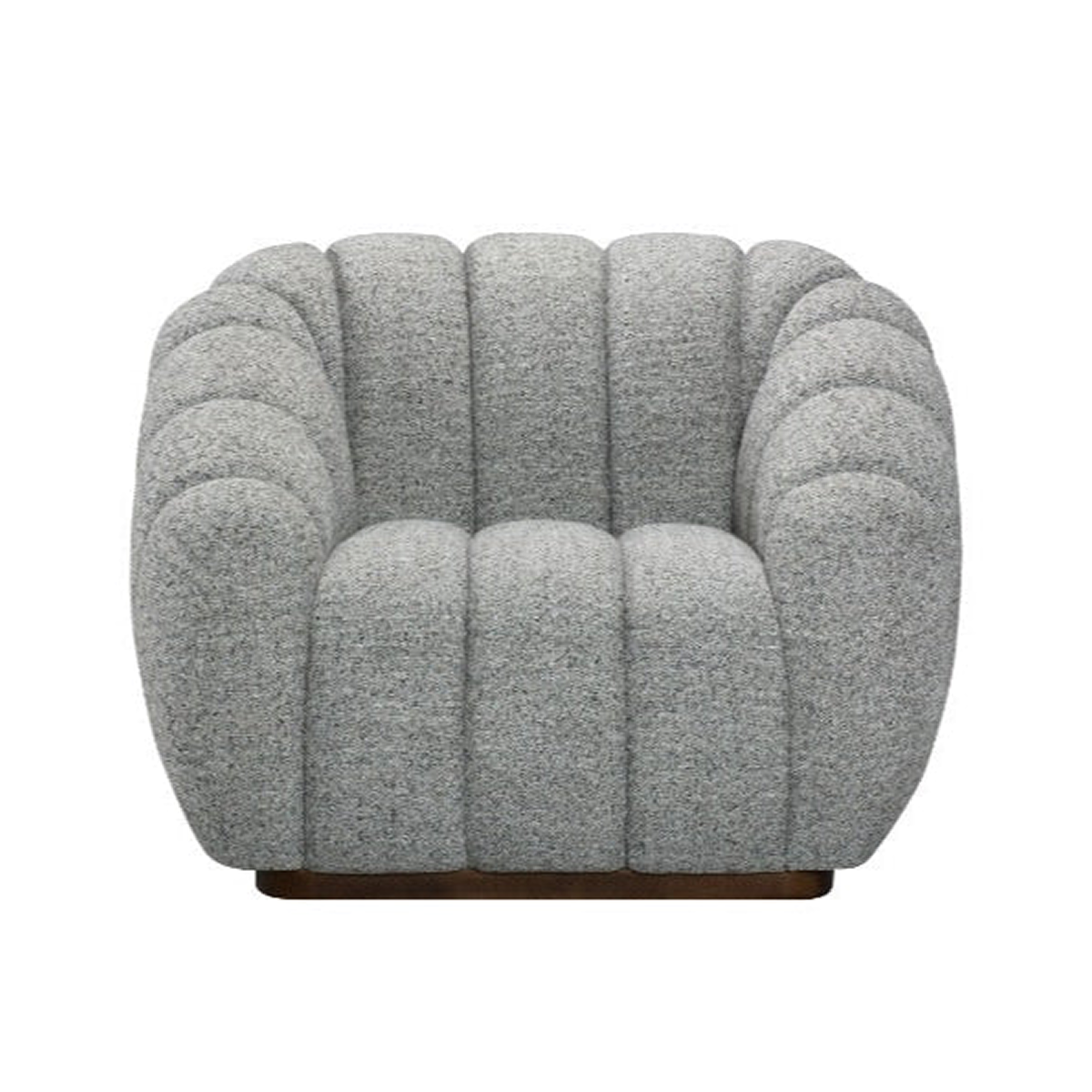 The Riro Swivel Accent Chair shown in a textured grey fabric with a dark wood swivel base.