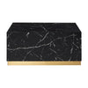Front view of the Roman square coffee table featuring a black marble finish with white veining and a recessed gold metallic plinth base