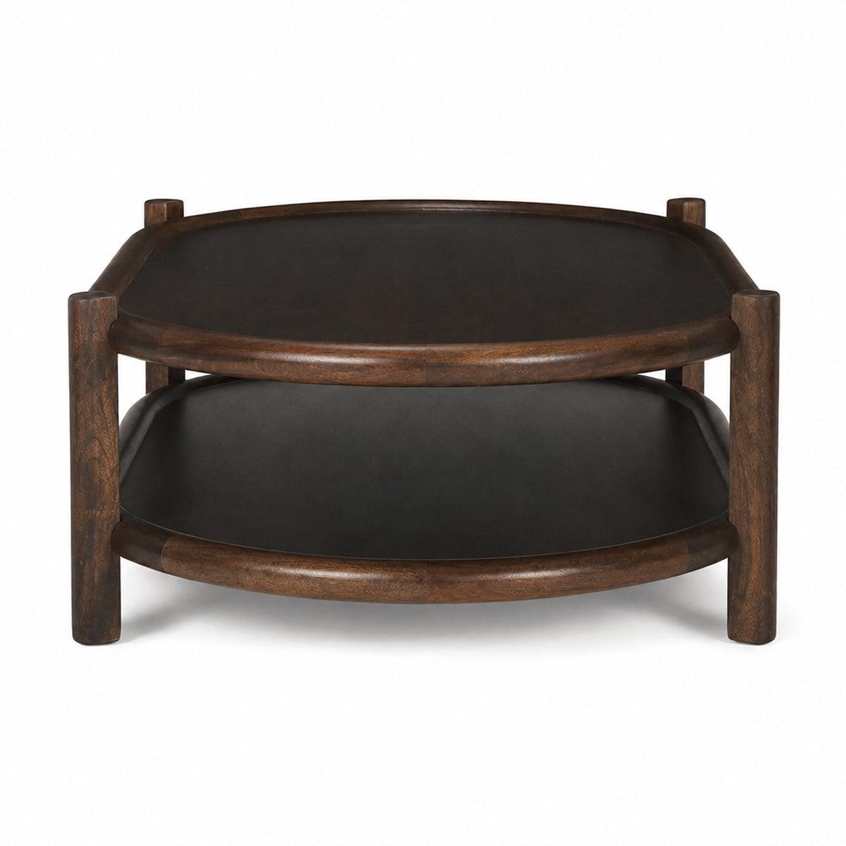Front view of the Romi oval coffee table featuring a dark brown wood finish and a functional lower storage shelf