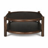 Front view of the Romi oval coffee table featuring a dark brown wood finish and a functional lower storage shelf