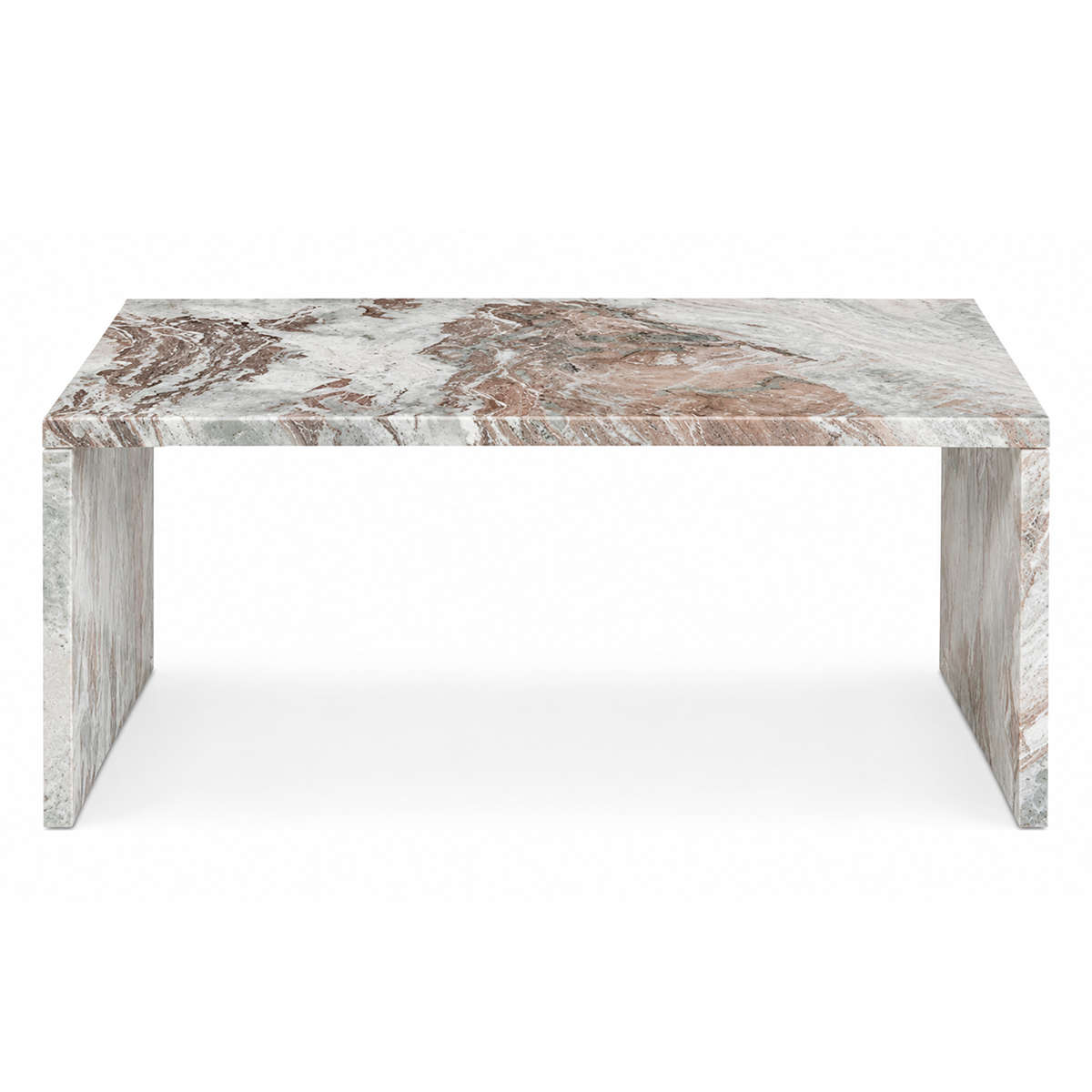 A modern rectangular coffee table with a thick, polished marble top and block-style legs, featuring a marbled pattern of brown, gray, and white.