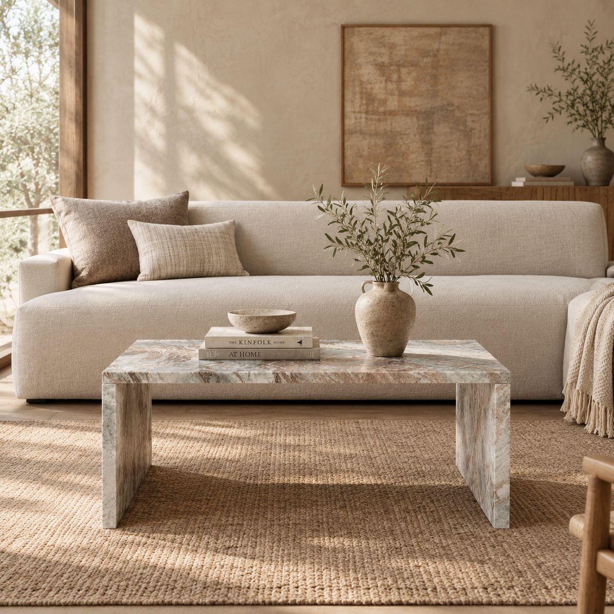 A modern rectangular coffee table with a thick, polished marble top and block-style legs, featuring a marbled pattern of brown, gray, and white.