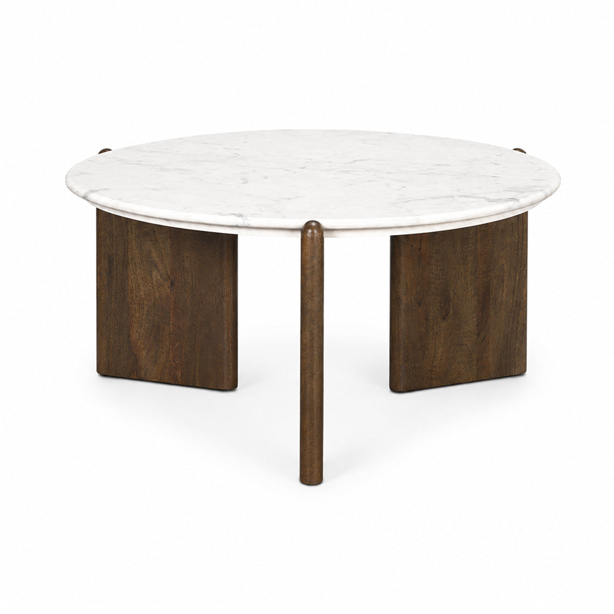 Front view of the Rumer coffee table featuring a circular white marble top and a dark brown wood tripod base with slab legs
