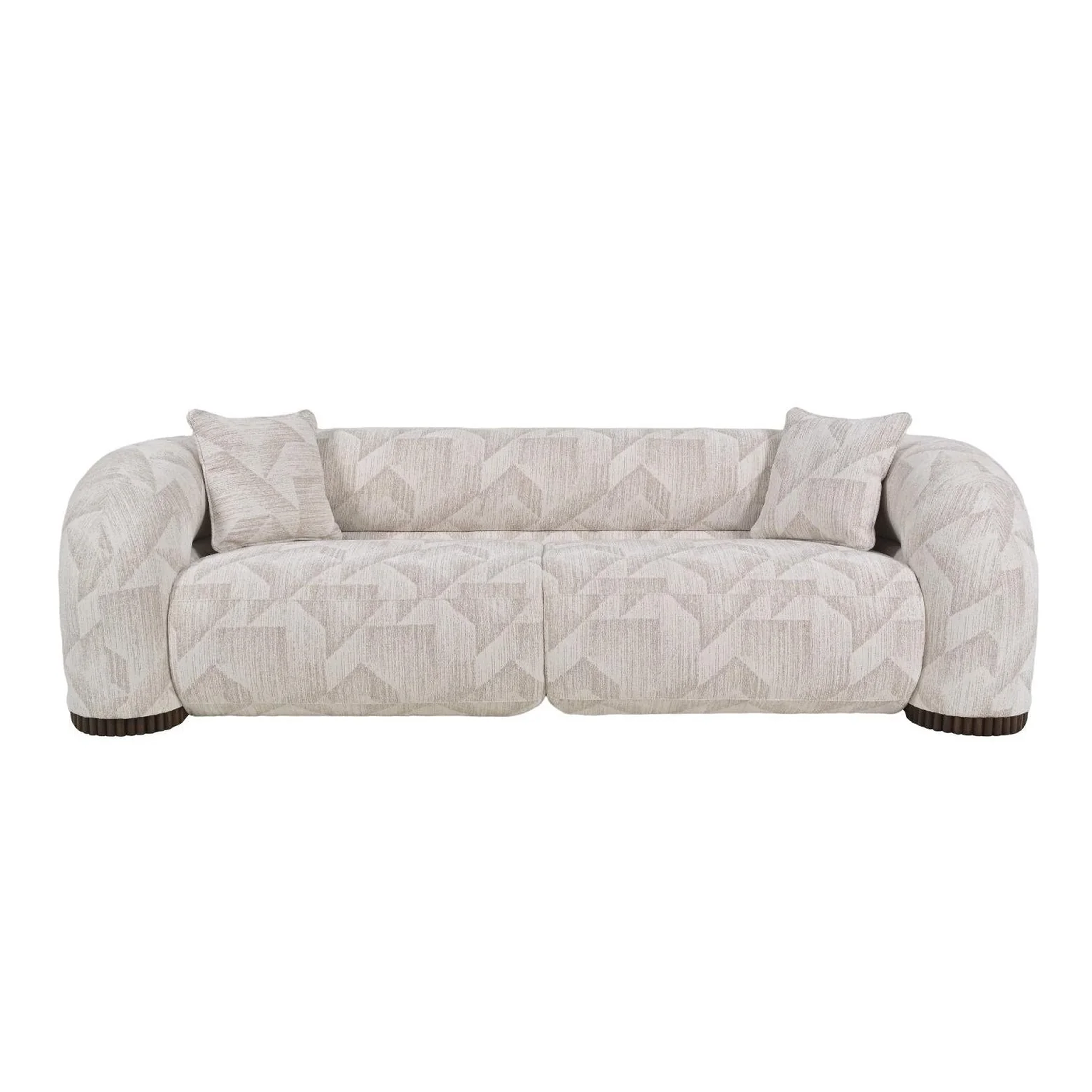 A modern curved three-seater sofa upholstered in a textured light beige fabric with a subtle geometric pattern, featuring two matching throw pillows and dark round feet, shown against a plain white background.
