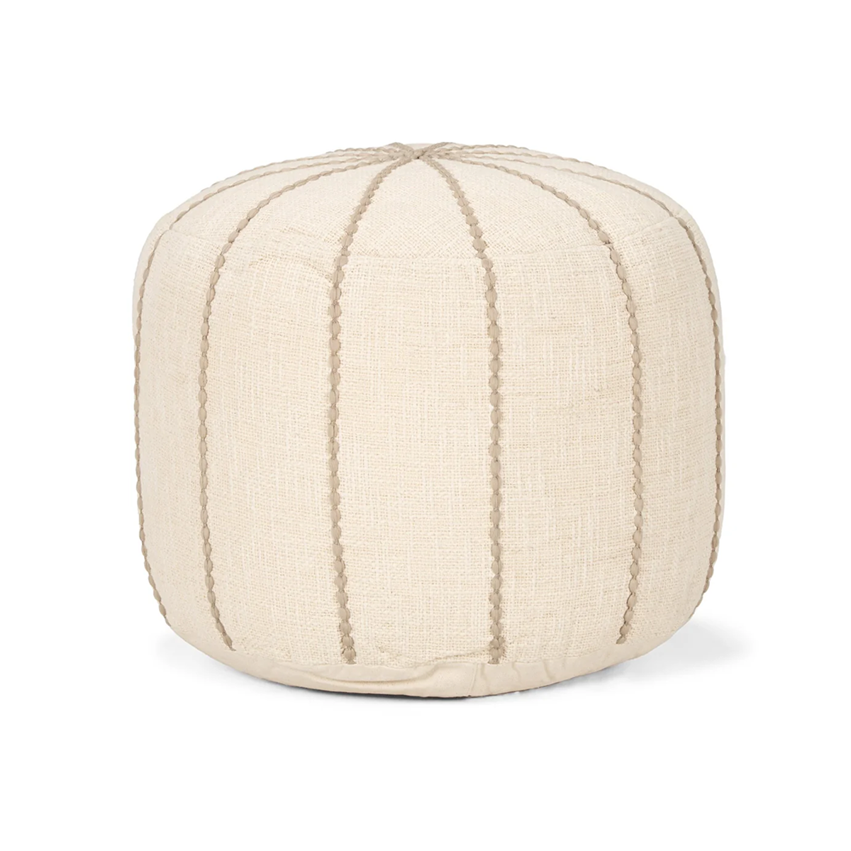 Front view of the Sachi round pouf in beige textured fabric with decorative vertical brown stitching creating a ribbed effect