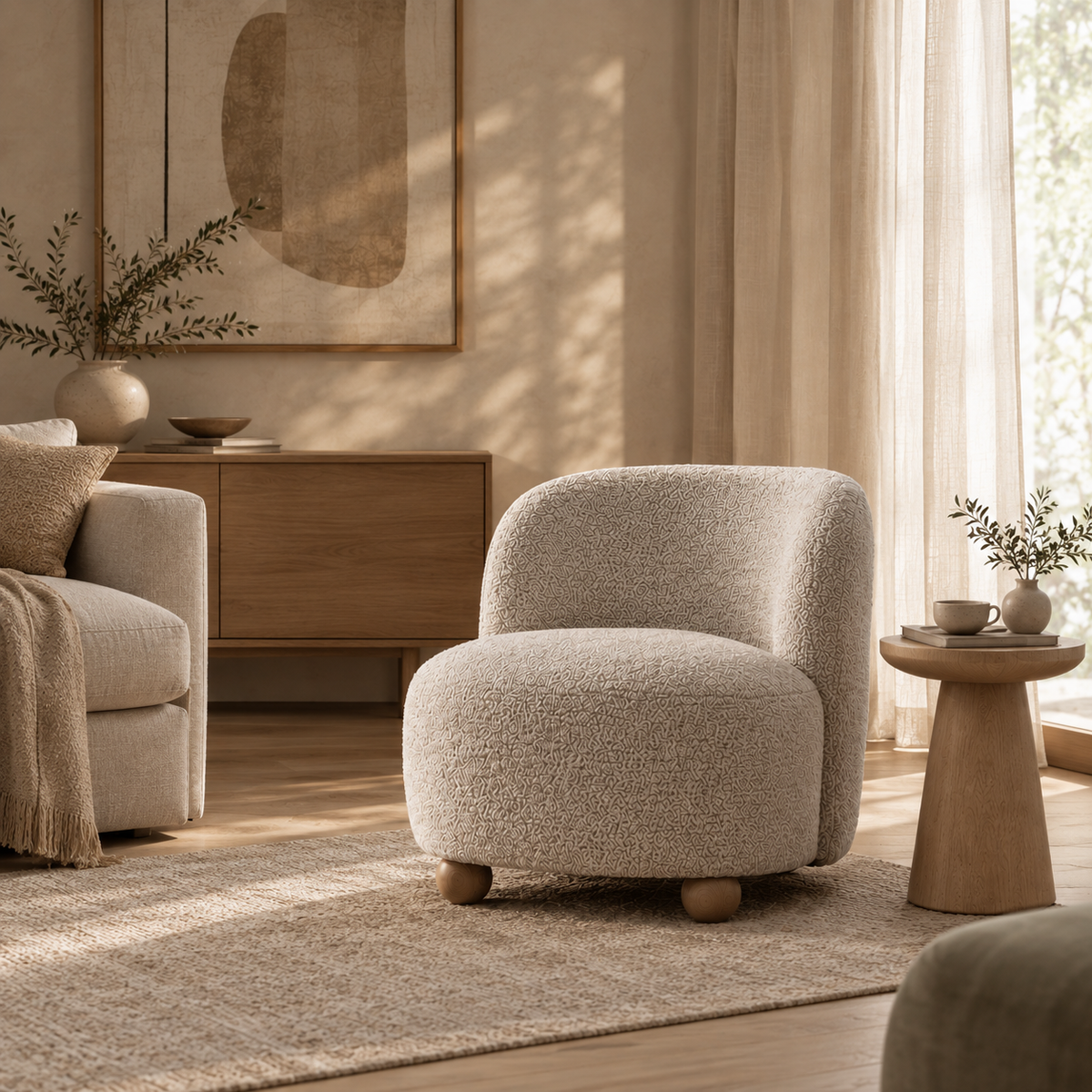 Saga Accent Chair in Oatmeal bouclé fabric featuring a rounded silhouette and wooden ball feet.