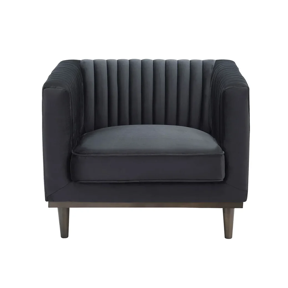 Front view of the Sage Club Chair in black velvet featuring vertical channel tufting and tapered dark wood legs