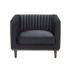 Front view of the Sage Club Chair in black velvet featuring vertical channel tufting and tapered dark wood legs