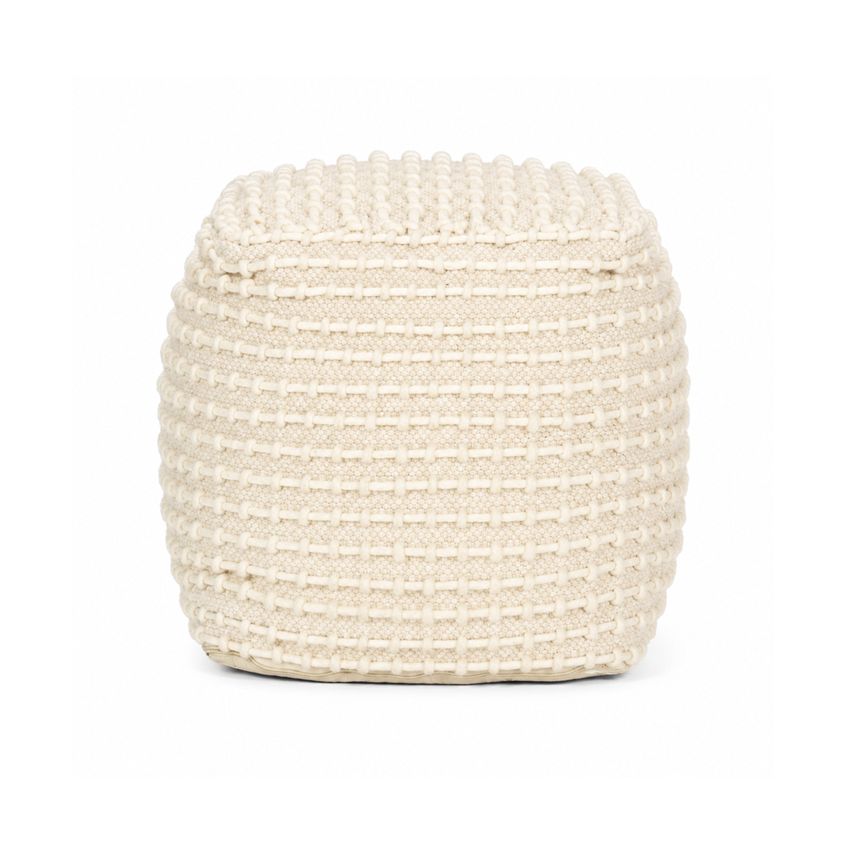 Straight-on front view showing the uniform square silhouette and consistent cream stitching across the beige surface