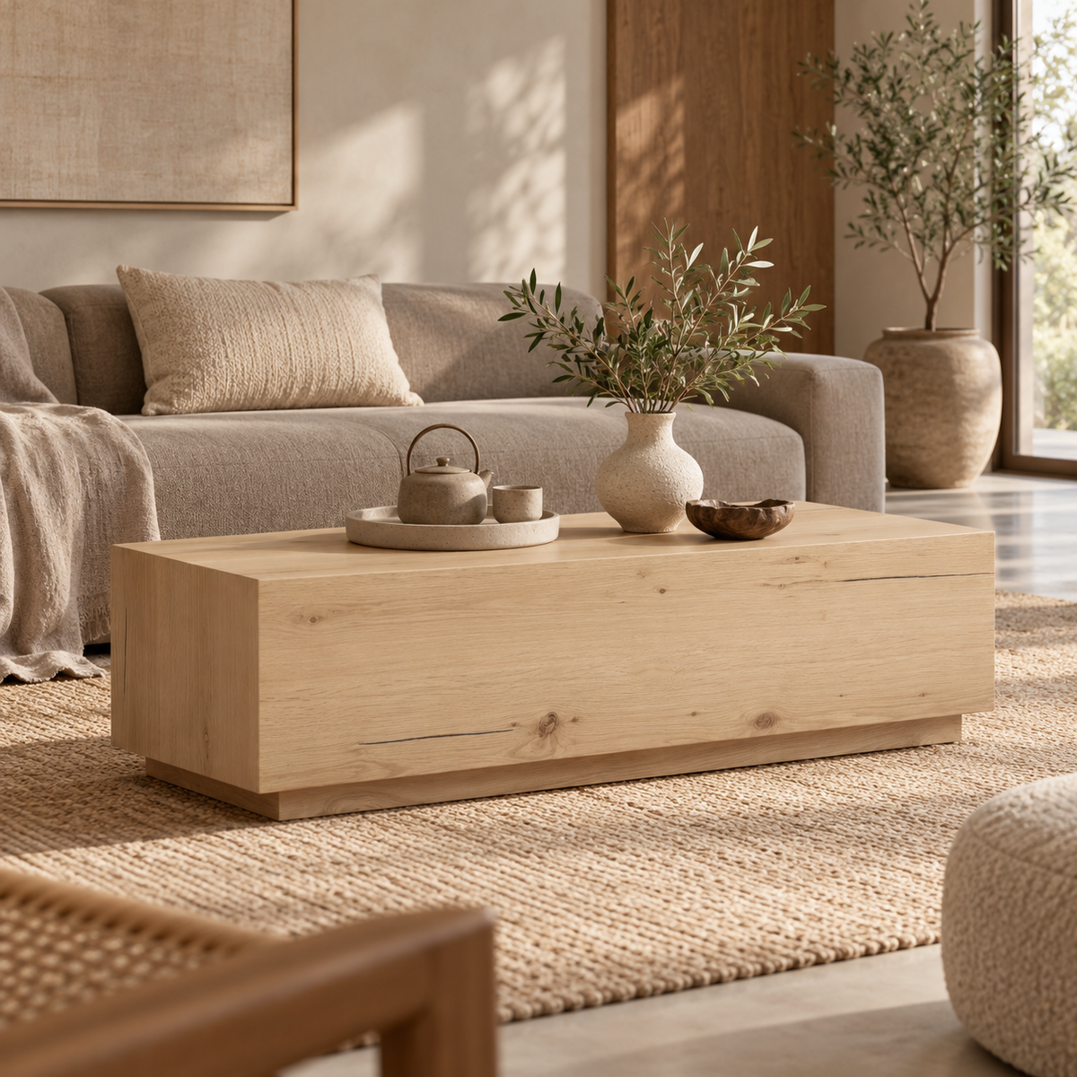 Front view of the Sawyer coffee table featuring a solid rustic oak construction with a minimalist rectangular block silhouette