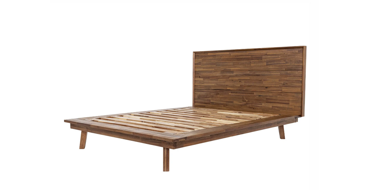 Front view of the Gia platform bed featuring a clean-lined headboard with horizontal wood planks in a weathered light oak finish