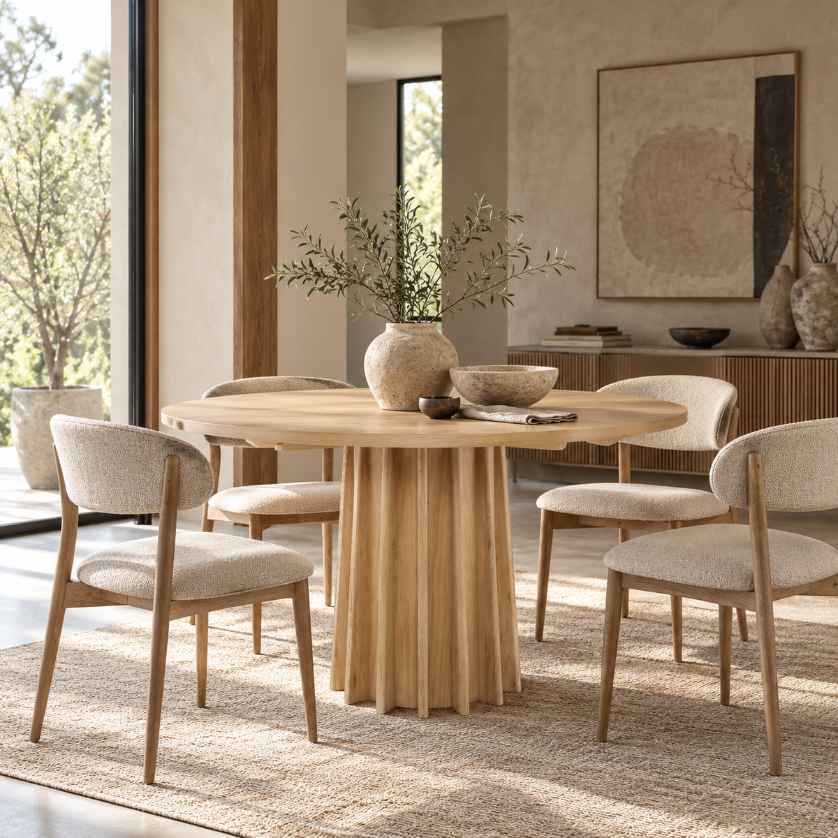 Front view of the Sculpture round dining table featuring a natural oak finish and a striking fluted pedestal base