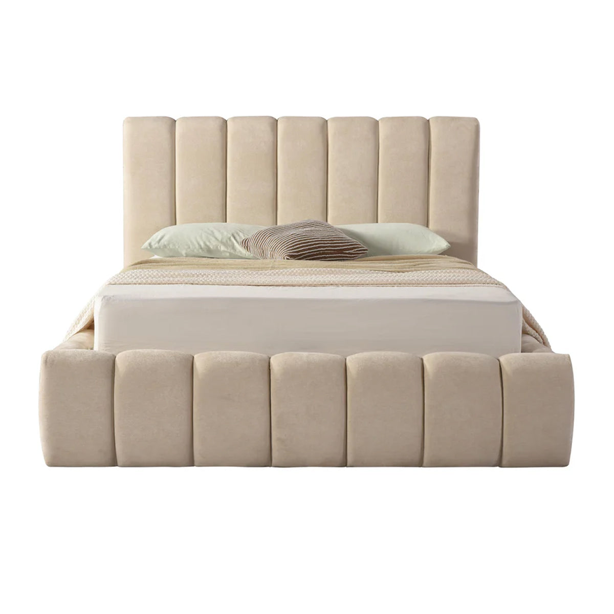 Front view of the Seng upholstered storage bed featuring a cream vertical channel tufted headboard and matching fabric base