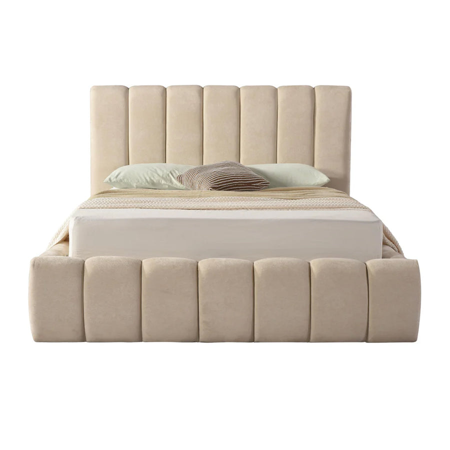 Front view of the Seng upholstered storage bed featuring a cream vertical channel tufted headboard and matching fabric base