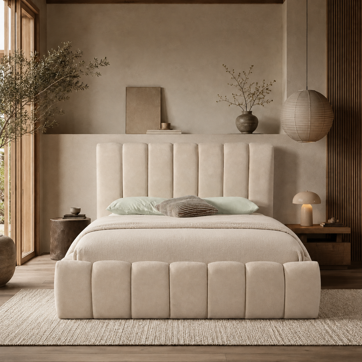 Front view of the Seng upholstered storage bed featuring a cream vertical channel tufted headboard and matching fabric base