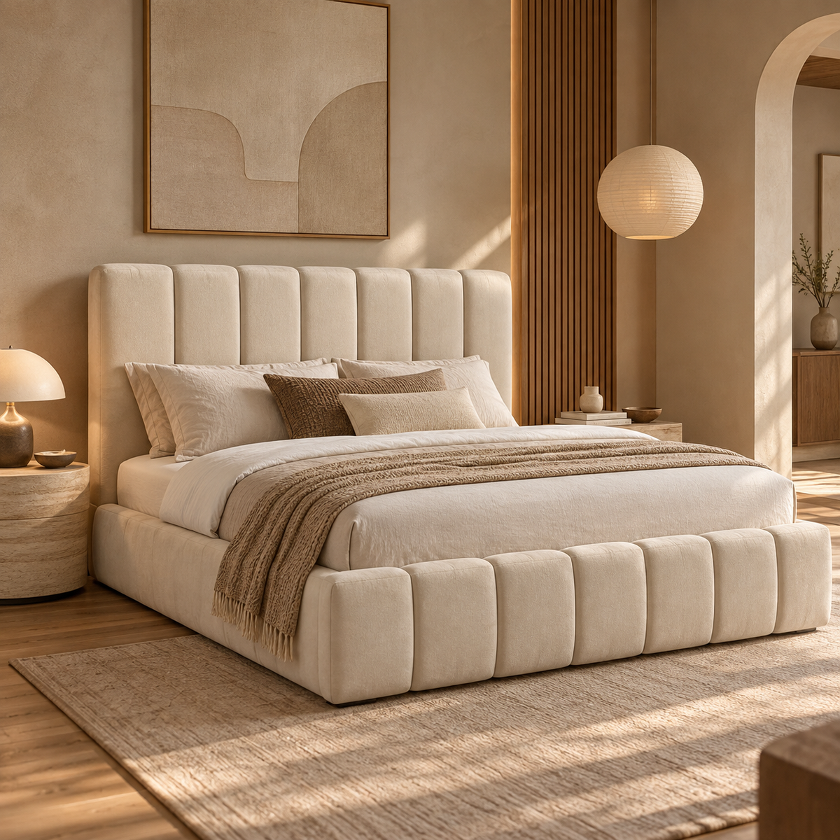 Front view of the Seng upholstered storage bed featuring a cream vertical channel tufted headboard and matching fabric base