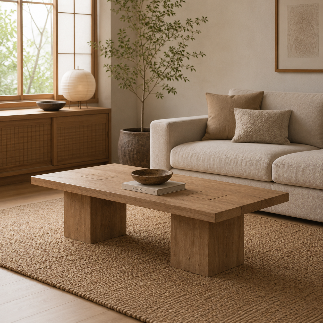 Front view of the Sequoia coffee table featuring a thick natural wood top and matching heavy block pedestal legs