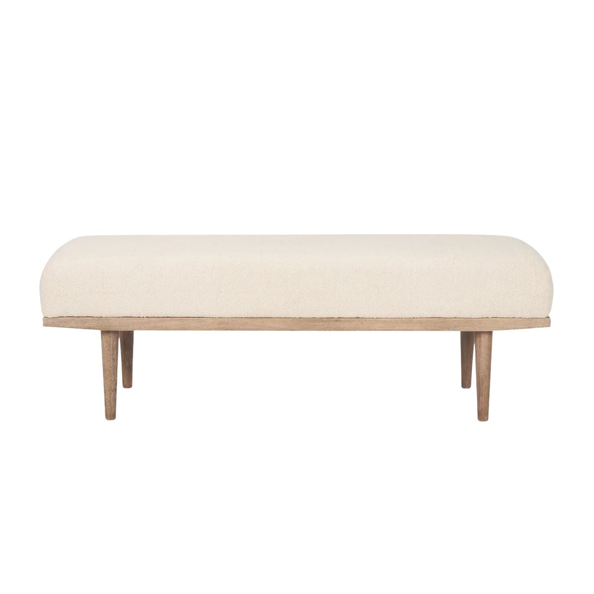 Front view of the Shae bench featuring a plush oatmeal-colored upholstered seat and a tapered brown wood frame
