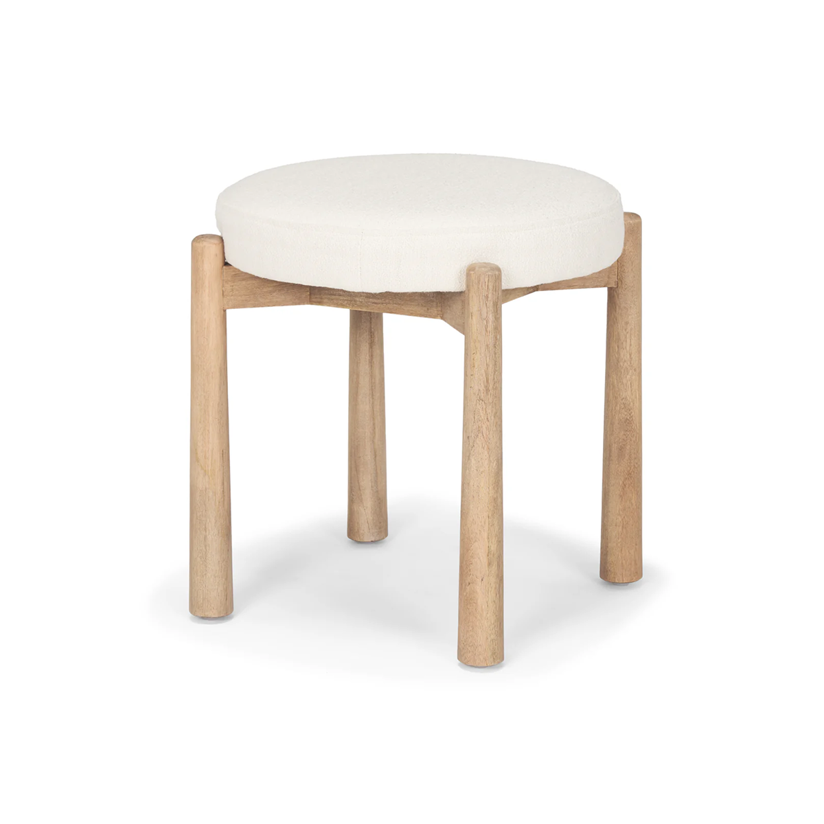 Front three-quarter view of the Shaiden stool featuring a light brown wood frame and a circular cream upholstered seat
