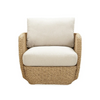 Front view of the Siesta outdoor club chair featuring all-weather sand-colored wicker and plush cream weather-resistant cushions