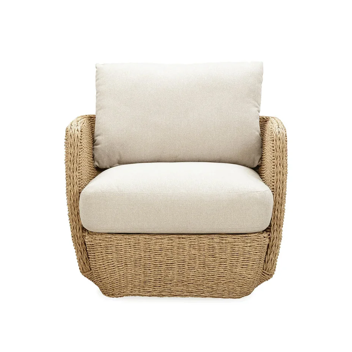 Front view of the Siesta outdoor club chair featuring all-weather sand-colored wicker and plush cream weather-resistant cushions
