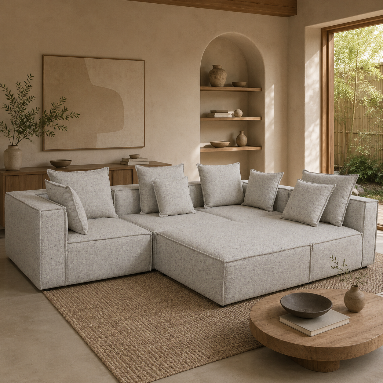 Full view of the Skive 5 Piece Modular Set in Quartz grey fabric featuring multiple matching back pillows