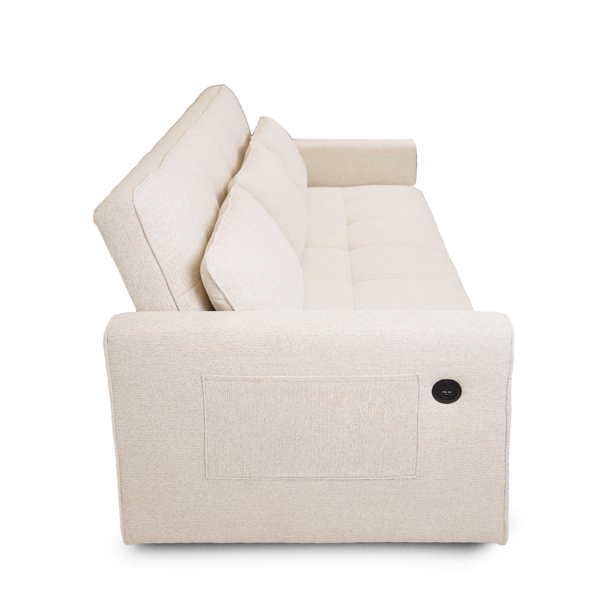 Front view of the Hedal Sofa Sectional Sleeper in cream textured fabric with matching throw pillows