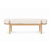 Front view of the Sohan bench featuring a light brown elm wood frame and an oatmeal-colored upholstered seat