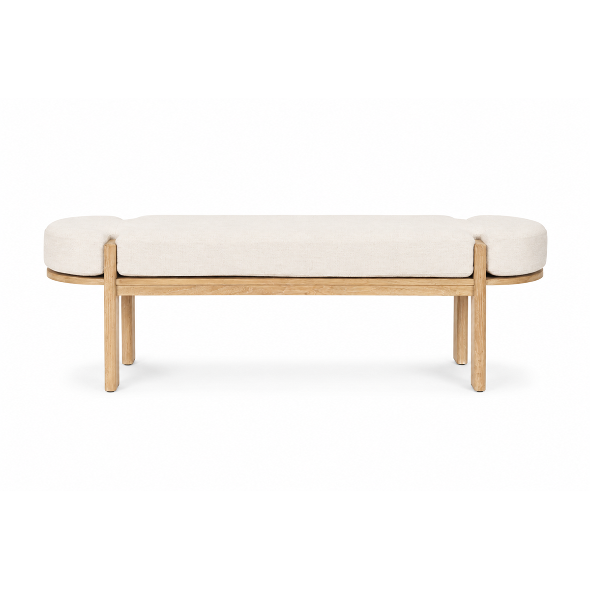 Front view of the Sohan bench featuring a light brown elm wood frame and an oatmeal-colored upholstered seat