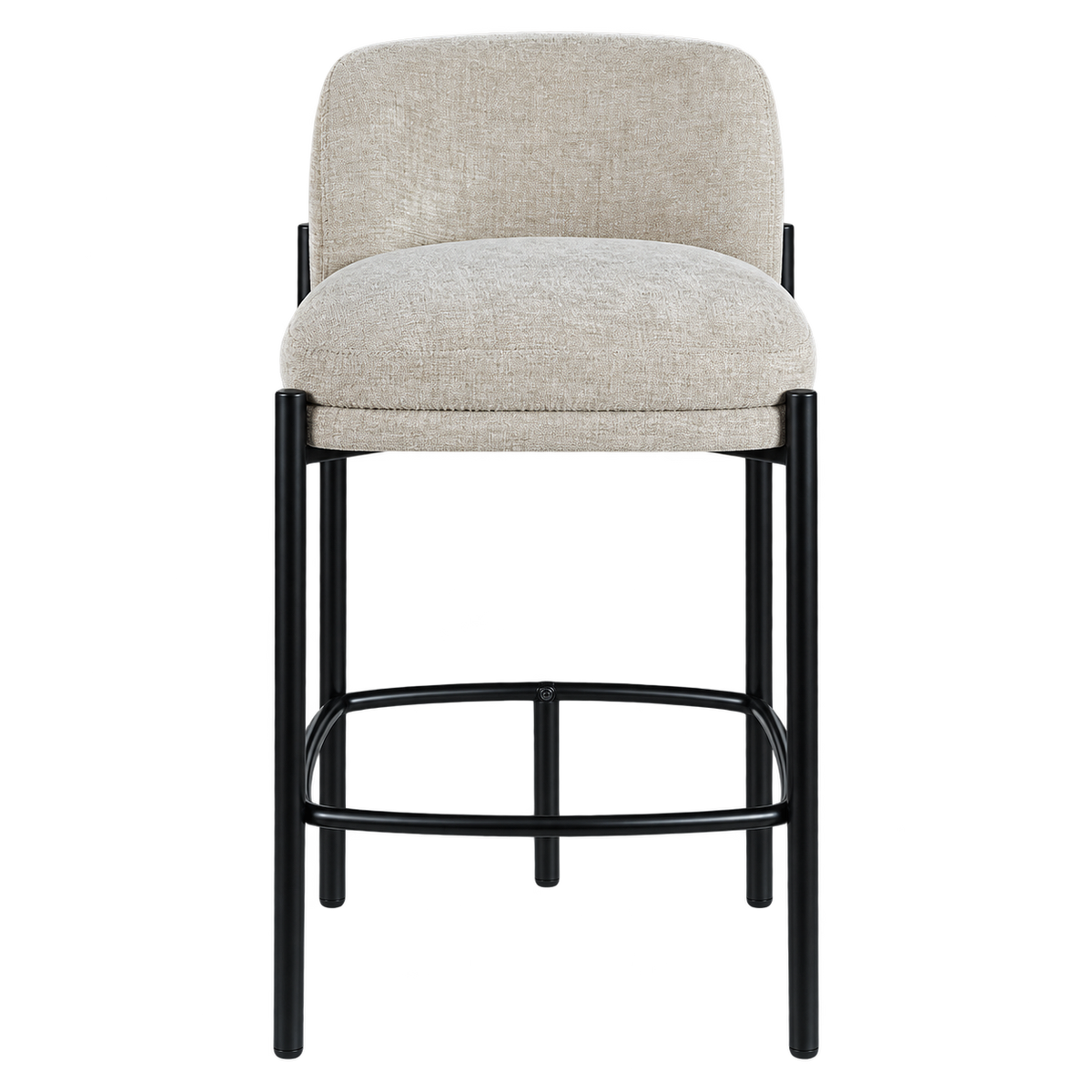Front view of the Sorte counter stool in black textured fabric with a minimalist black metal frame