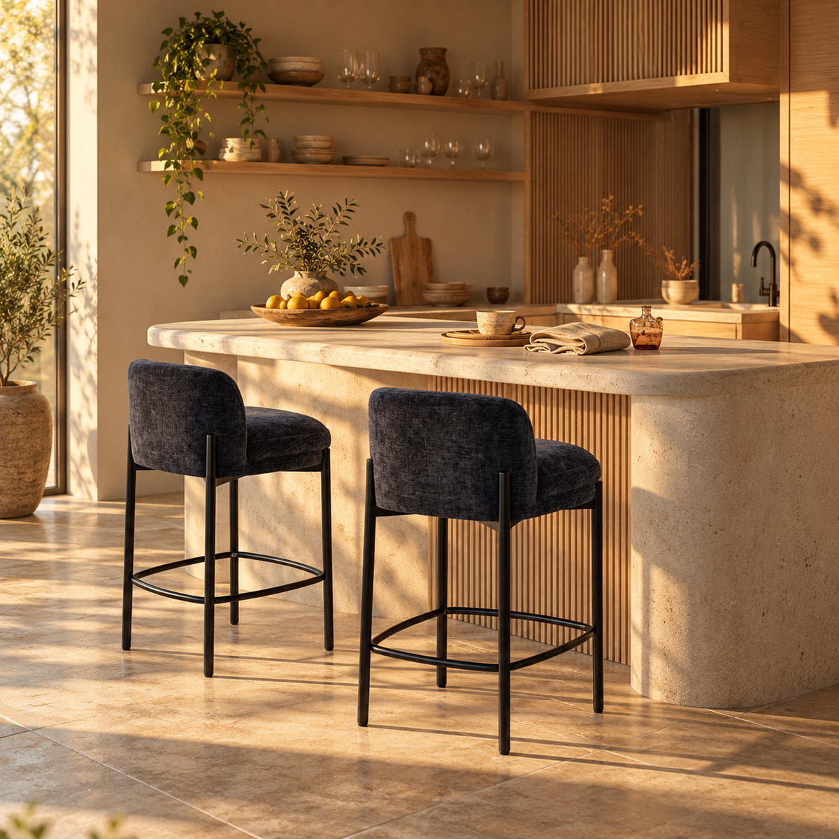 Front view of the Sorte counter stool in black textured fabric with a minimalist black metal frame