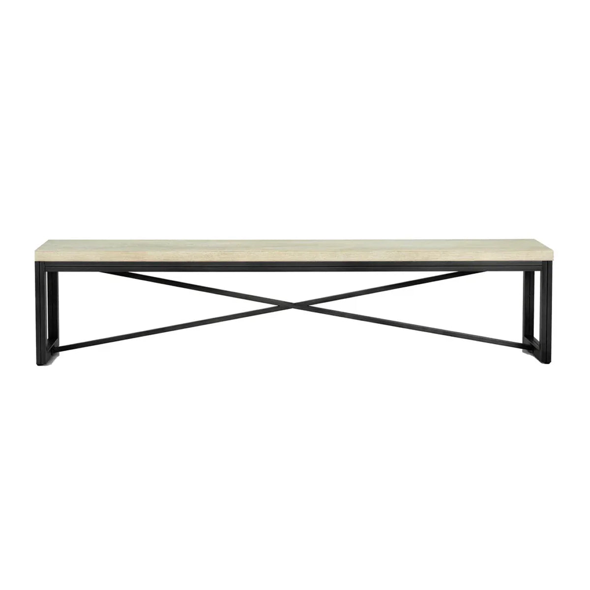 Front view of the Starlight bench featuring a light oak wood top and a black metal frame with cross-brace support