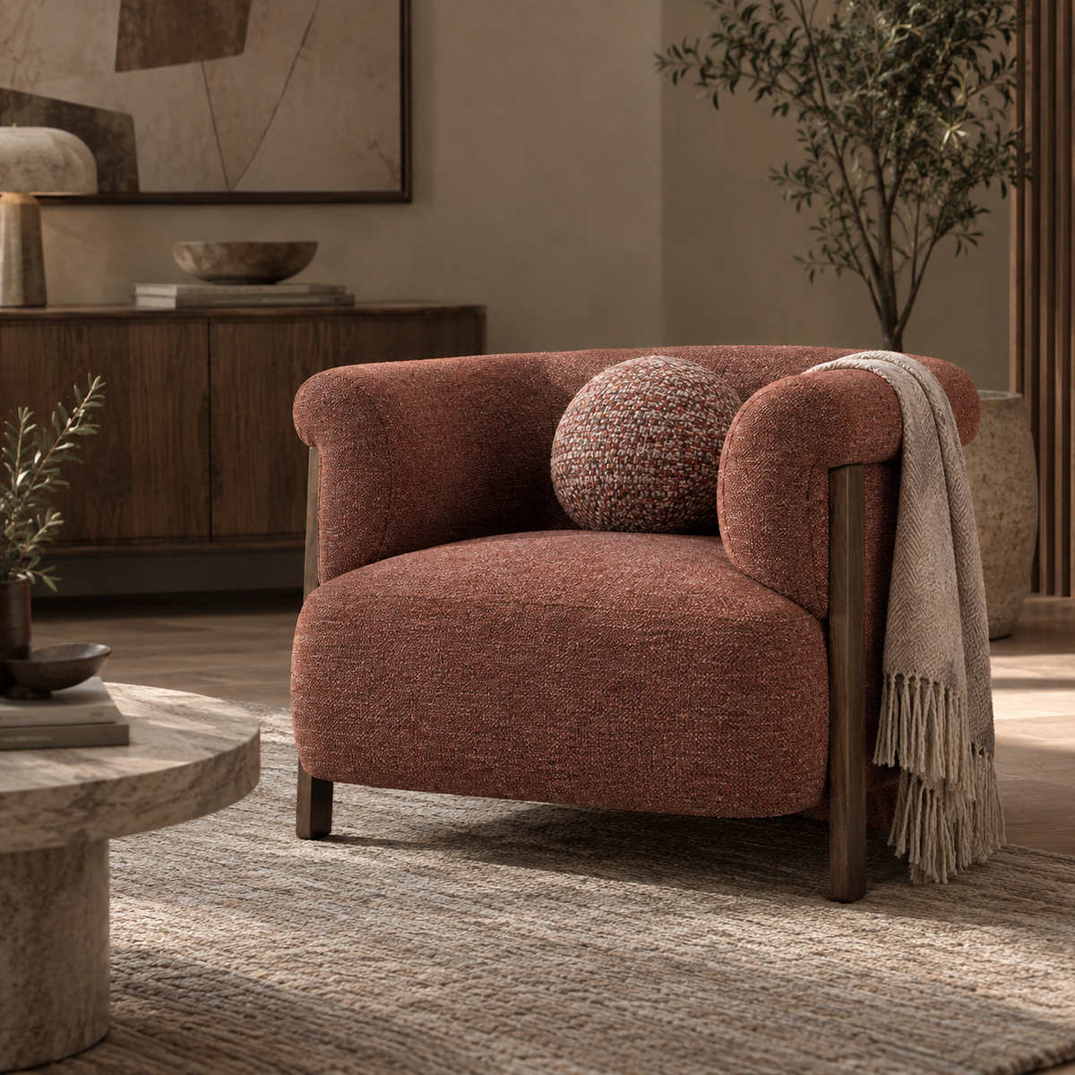 Front view of the Stave accent chair in rust-toned bouclé fabric with a dark walnut wood frame and a spherical lumbar pillow