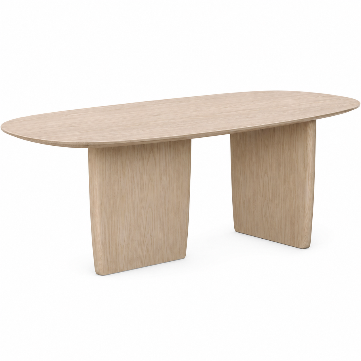 An oval wooden dining table with a light natural oak finish, featuring a thick block pedestal base and a single tapered leg, shown on a white background.