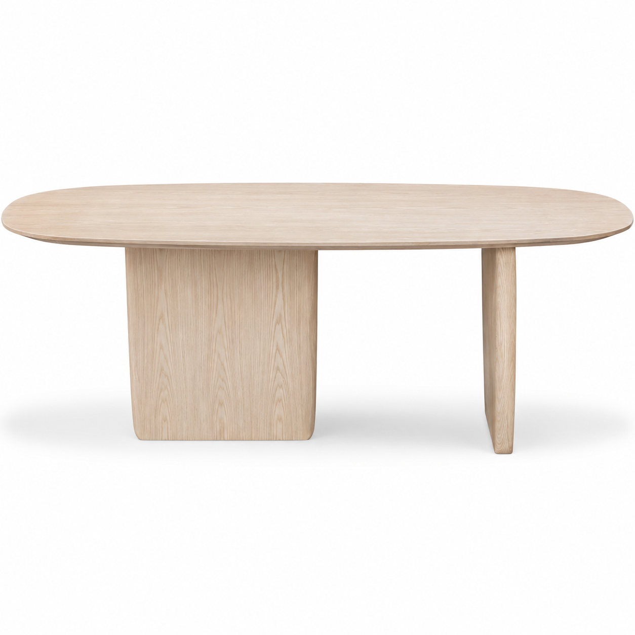 An oval wooden dining table with a light natural oak finish, featuring a thick block pedestal base and a single tapered leg, shown on a white background.