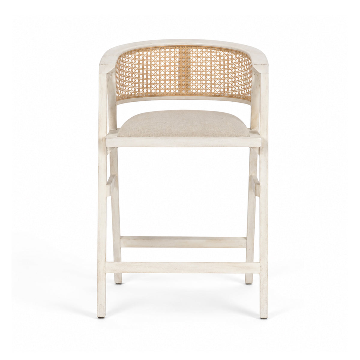 blonde Indian mango wood frame, triangular leg design, a curved cane back, and a padded natural linen seat.