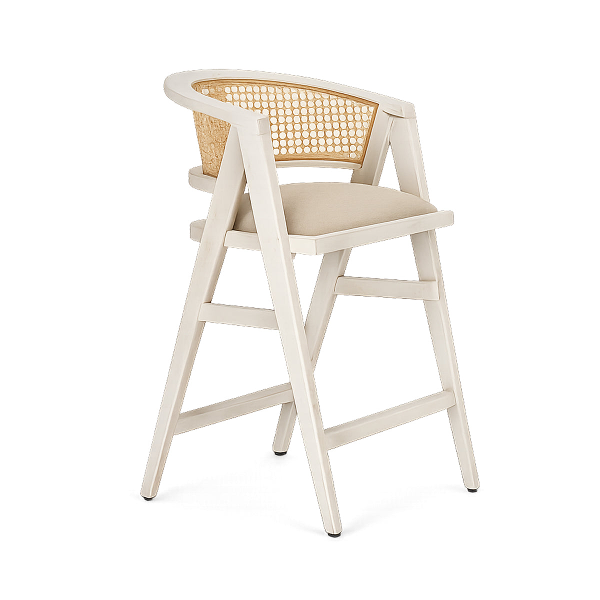 blonde Indian mango wood frame, triangular leg design, a curved cane back, and a padded natural linen seat.