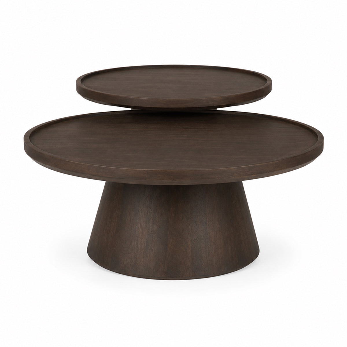 Front view of the Takoda nesting coffee table set featuring two dark brown wood circular tables with tapered pedestal bases