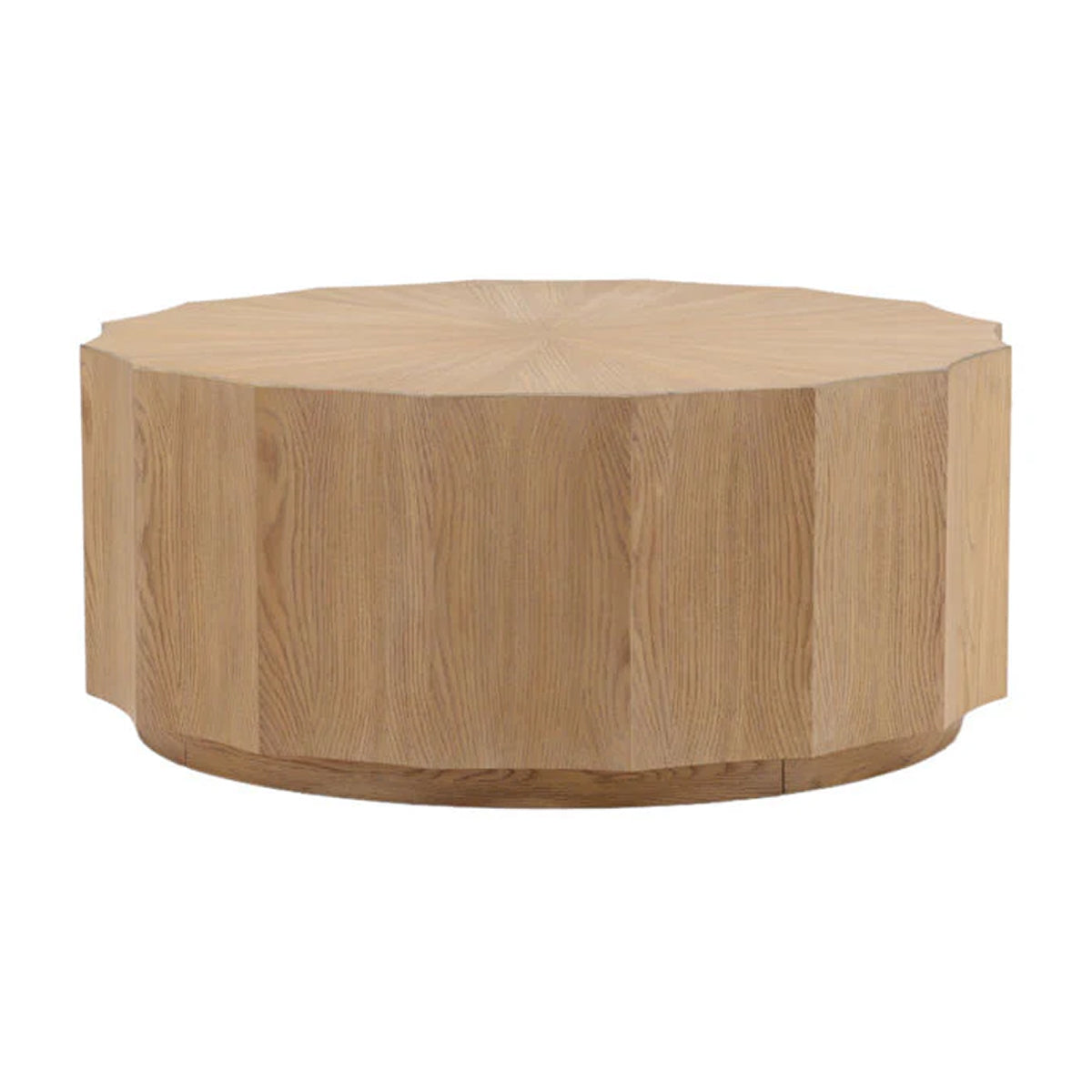 Front view of the Tamsin coffee table featuring a faceted drum silhouette in a natural oak finish