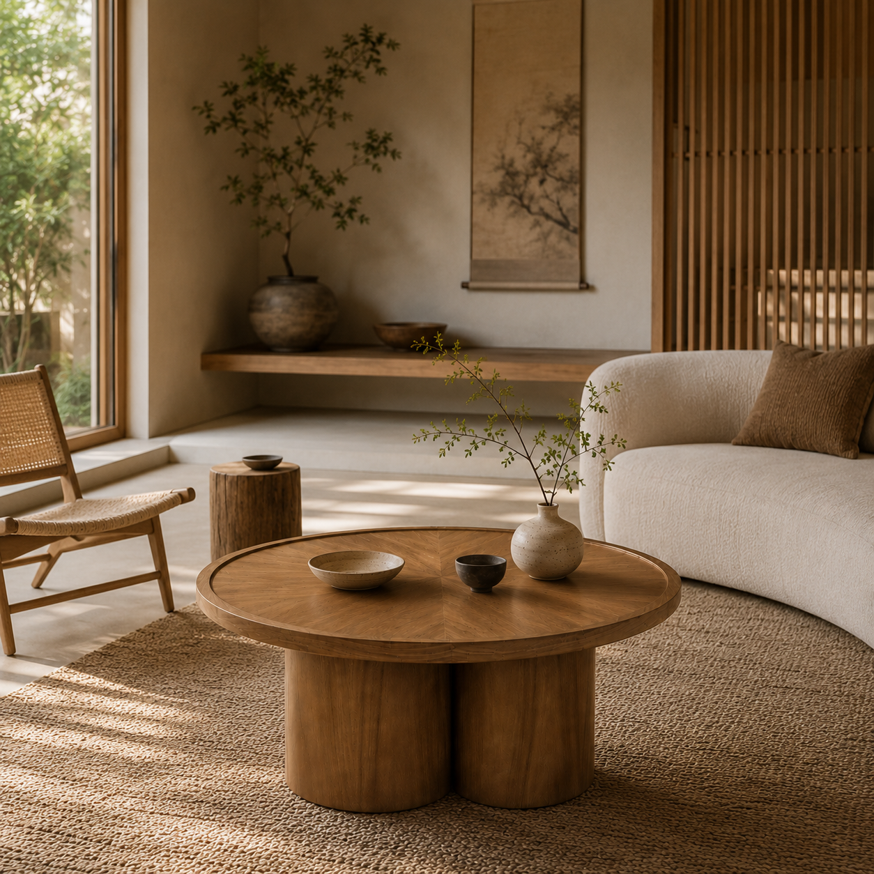 Front view of the Tavi round coffee table in a medium brown oak finish featuring a chunky double-cylinder pedestal base