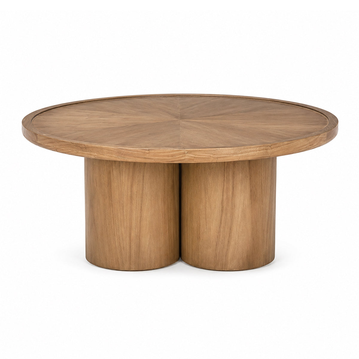 Front view of the Tavi round coffee table in a medium brown oak finish featuring a chunky double-cylinder pedestal base