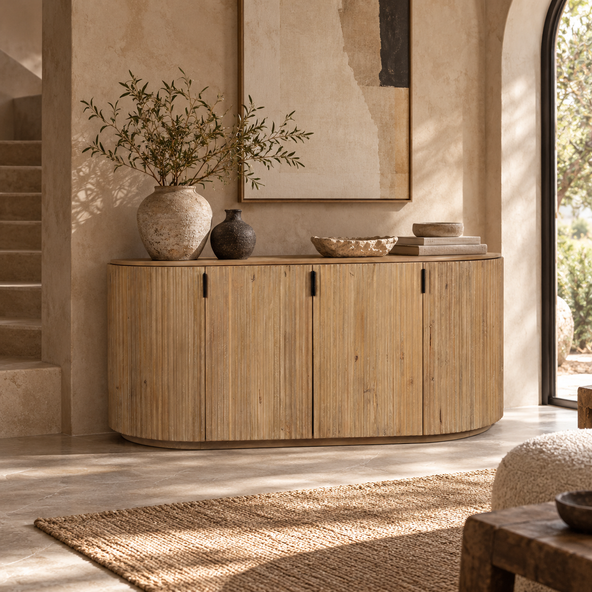 Terra light brown wood fluted sideboard front view with curved ends