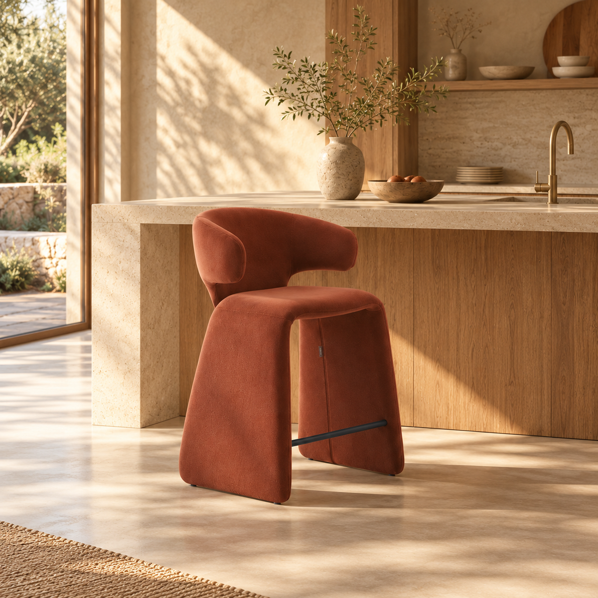 rounded silhouette, fully upholstered seat, and supportive curved back. The sturdy metal frame and plywood reinforcement ensure long-lasting durability, while the soft polyester fabric adds a beautifully textured finish.