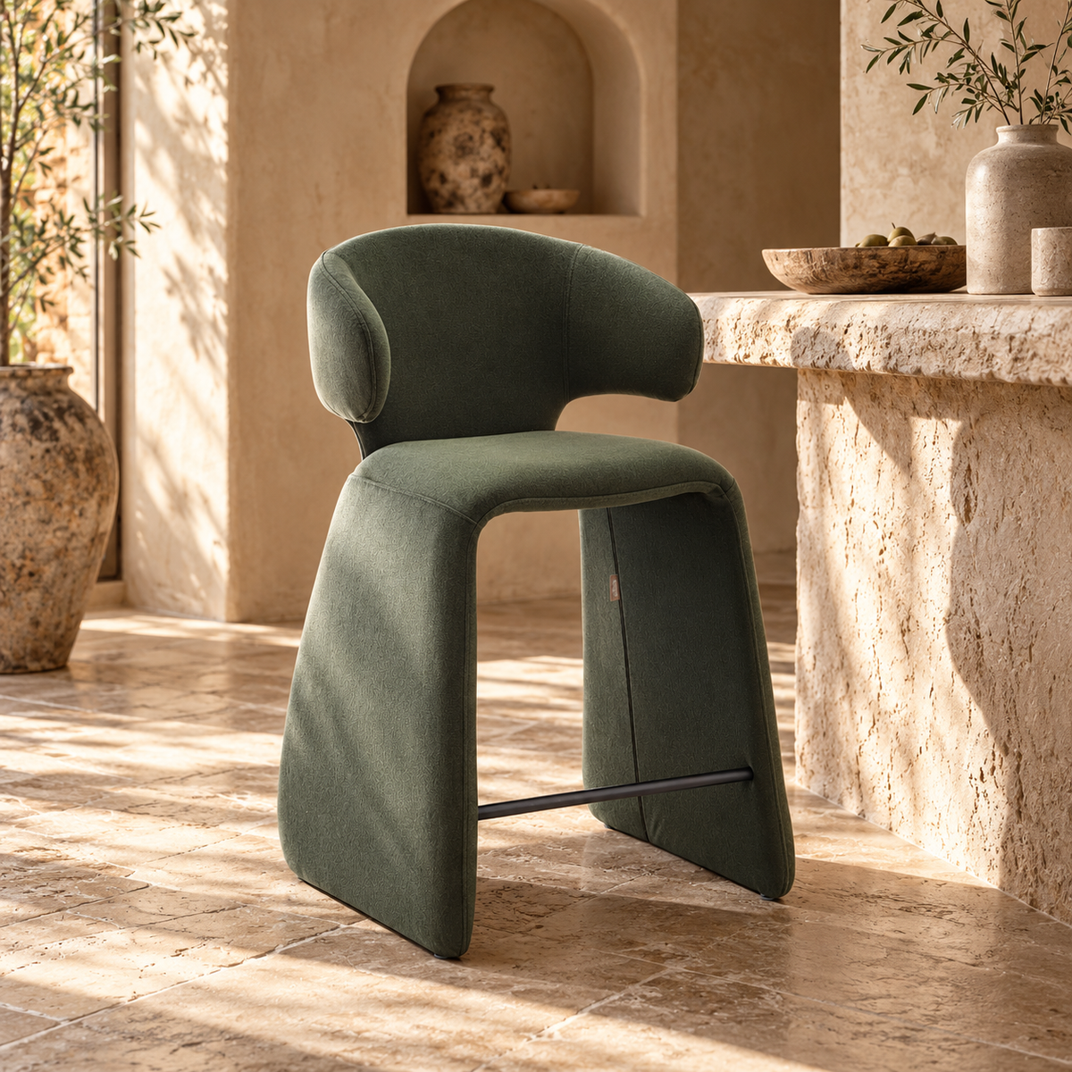 rounded silhouette, fully upholstered seat, and supportive curved back. The sturdy metal frame and plywood reinforcement ensure long-lasting durability, while the soft polyester fabric adds a beautifully textured finish.