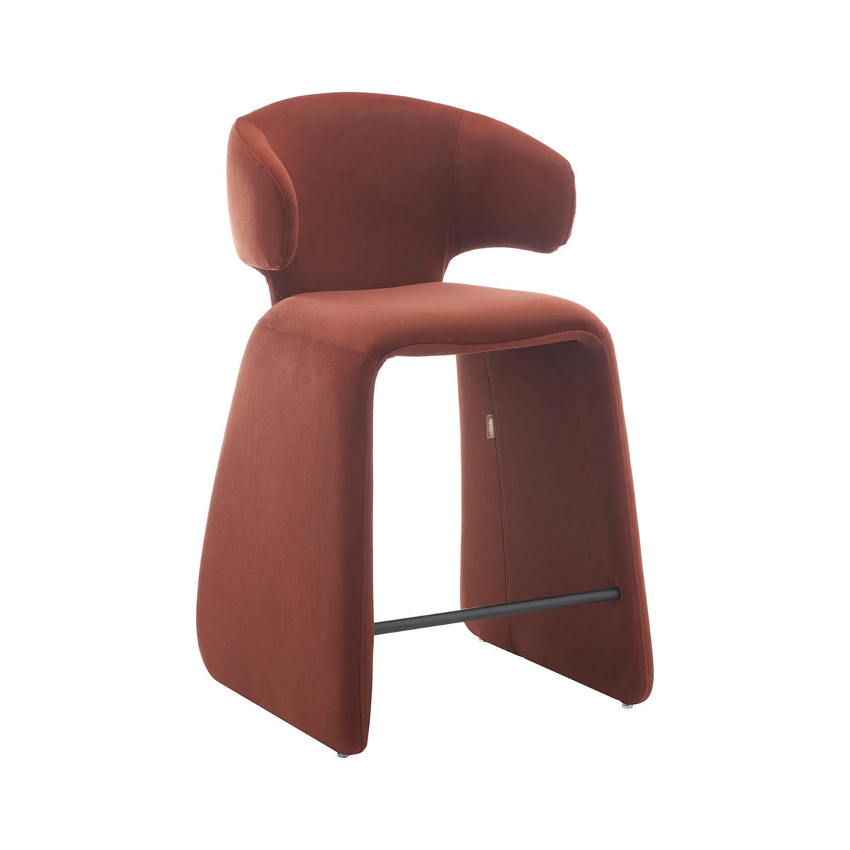 rounded silhouette, fully upholstered seat, and supportive curved back. The sturdy metal frame and plywood reinforcement ensure long-lasting durability, while the soft polyester fabric adds a beautifully textured finish.