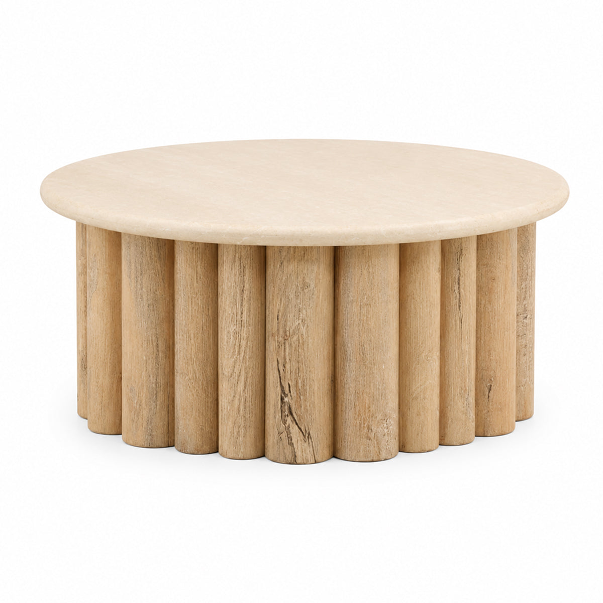 Front view of the Thandi coffee table featuring a circular cream stone top and a natural fluted wood pedestal base
