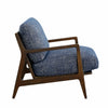 Side profile of the blue Lawrence chair showcasing the architectural wood frame