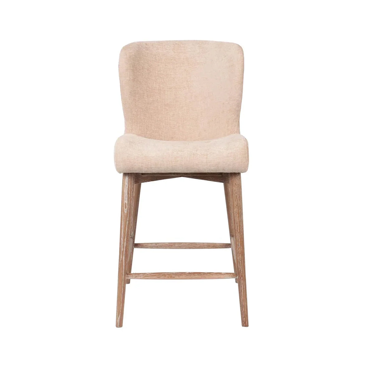 A single upholstered bar stool with a tall curved back, padded seat, and four tapered wooden legs, shown against a plain white background.