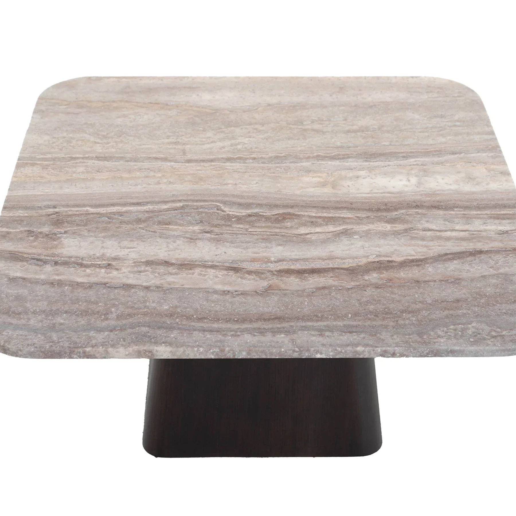 Front view of the Storm coffee table featuring a multi-faceted fluted natural wood base and circular silhouette