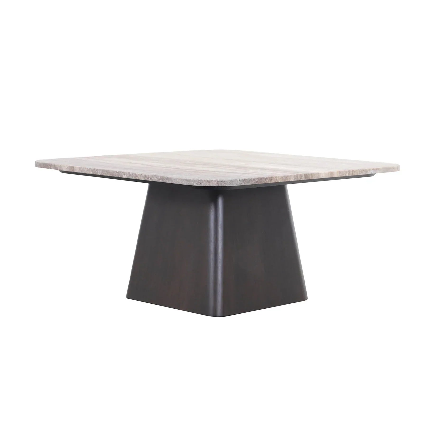 Front view of the Storm coffee table featuring a multi-faceted fluted natural wood base and circular silhouette